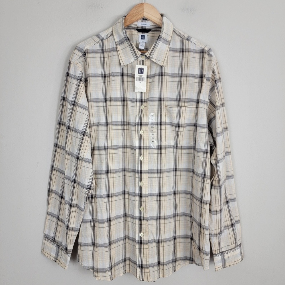 Gap Classic Beige Button Front Shirt Plaid Black Size XL‎ Lightweight Casual